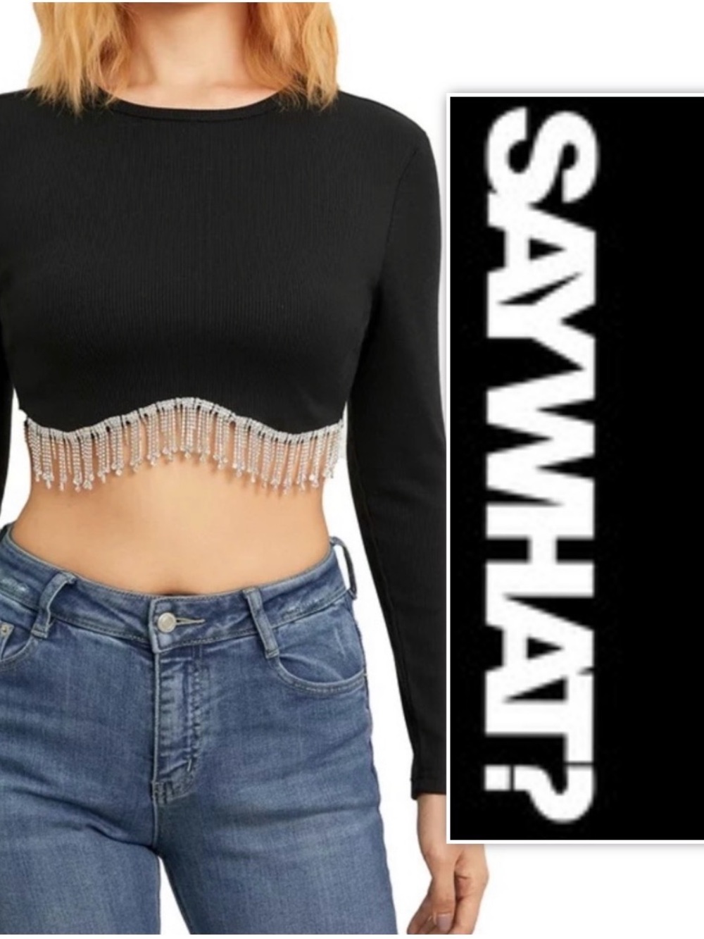 Say What? Black Silver Rhinestone Fringe Top